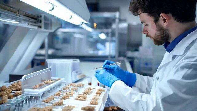 Scientist working in a modern laboratory, carefully handling food samples for research purposes. The style is professional, focused on scientific discovery and innovation. Generative AI