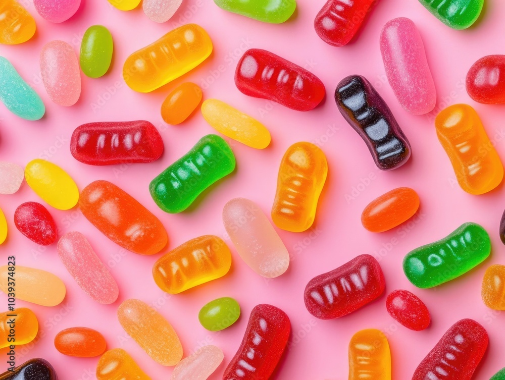 Aufkleber whole view of vibrant gummy bears and jelly beans scattered on a soft pastel pink background creatin