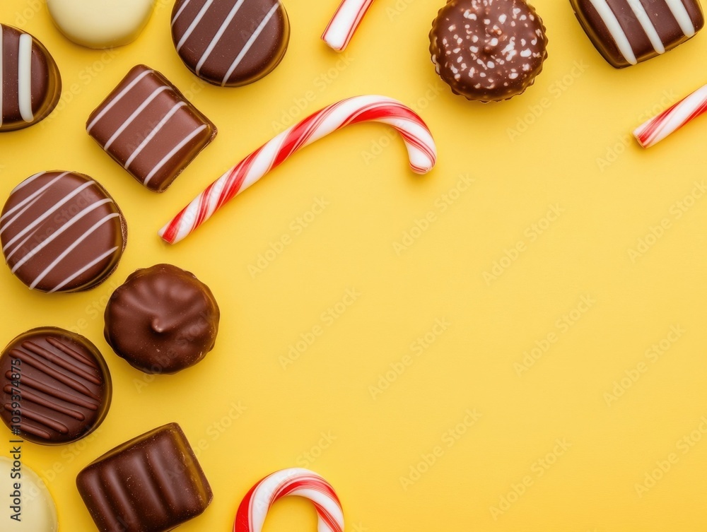 Aufkleber festive assortment of chocolates and candy canes artfully spread on a soft pastel yellow background 