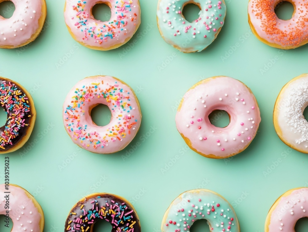 Aufkleber flat lay photography of assorted pastel frosted donuts with colorful sprinkles arranged in a symmetr