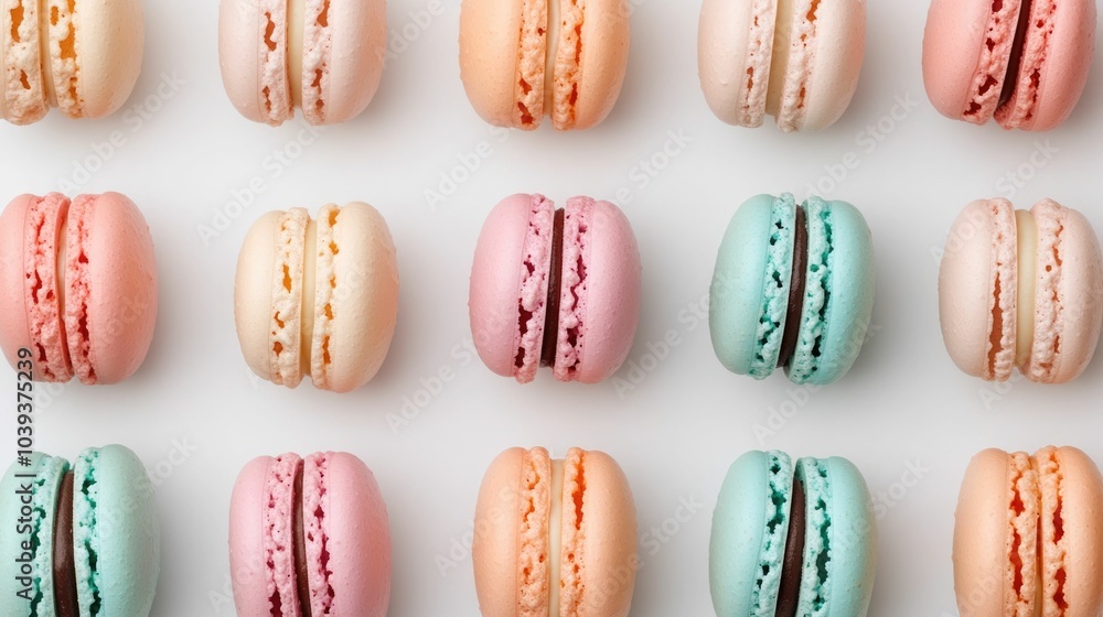 Aufkleber beautifully arranged pastel colored macarons in a neat grid pattern on a minimalist white background