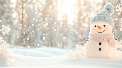 Adorable snowman in blue hat and pink scarf in snowy winter wonderland