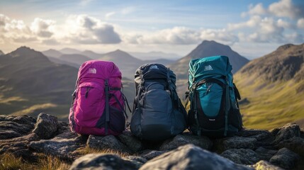 Fototapeta premium Three colorful backpacks on a rocky ledge with a scenic mountain backdrop.