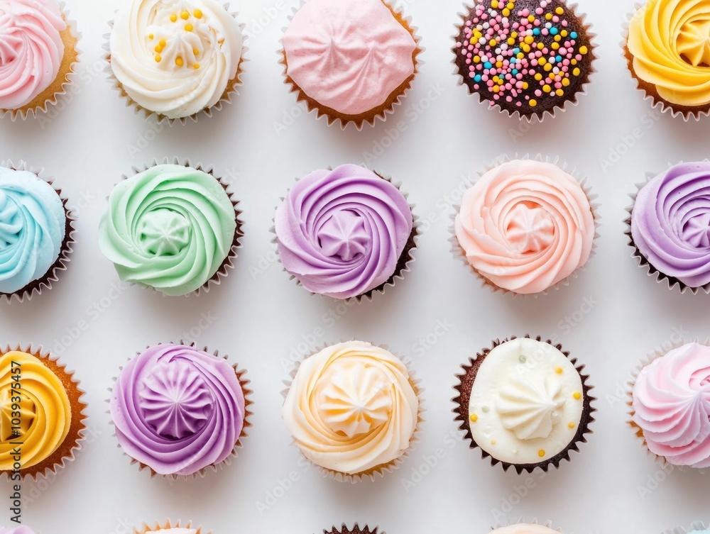 Poster top view of an assortment of pastel colored cupcakes with decorative frosting spread across a soft c