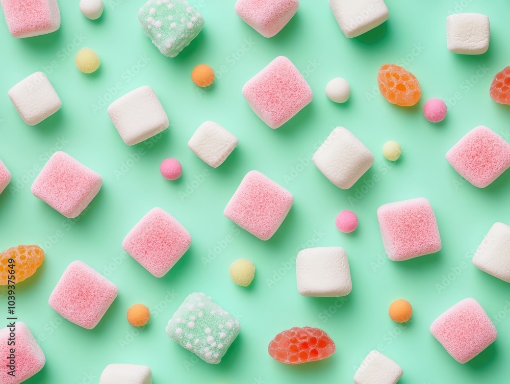 Aufkleber flat lay of assorted marshmallows and fruit candies scattered randomly on a pastel green background 