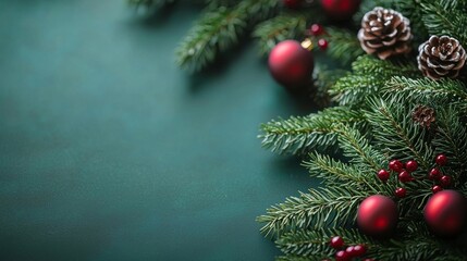 A festive arrangement of pine branches, red ornaments, and pinecones against a dark green background, evoking a cozy holiday spirit.