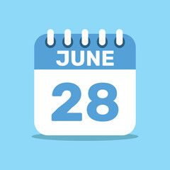 calendar june 28 blue color icon, paper planning design.