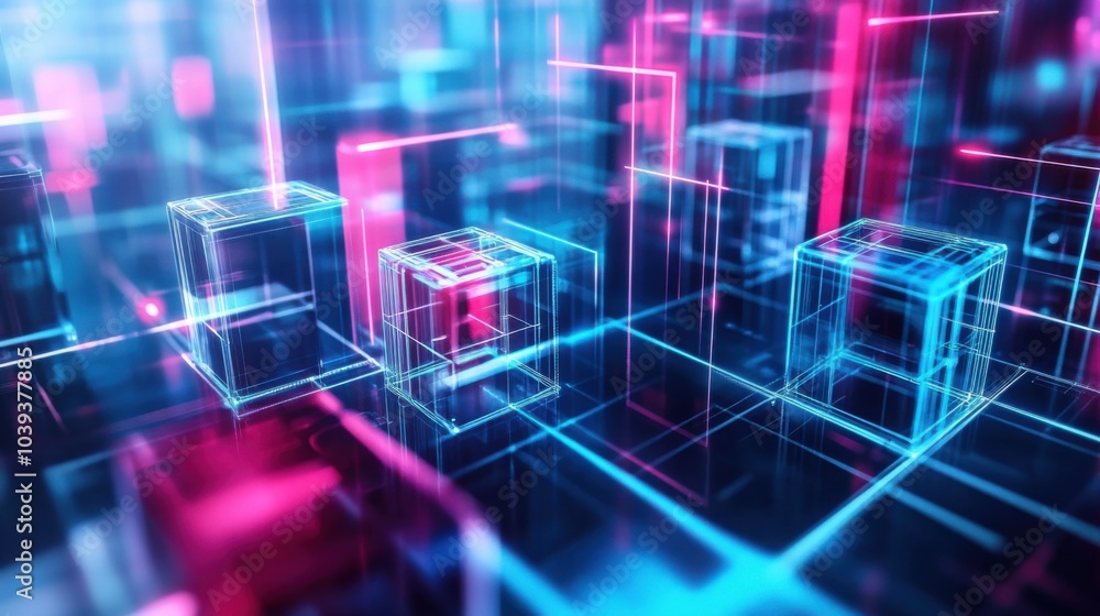 Poster A futuristic block-building scene with holographic building blocks in a digital cityscape, Digital cityscape style, photo of