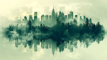 Fototapeta premium A misty skyline blends with a lush forest at dawn, creating a surreal urban panorama