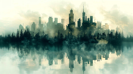 Fototapeta premium Misty skyline reflecting in calm waters at dawn with hints of urban life in the distance