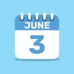 calendar june 3 blue color icon, paper planning design.