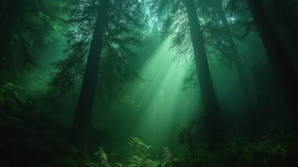 Mysterious forest with sunlight filtering through tall trees, creating a serene atmosphere.