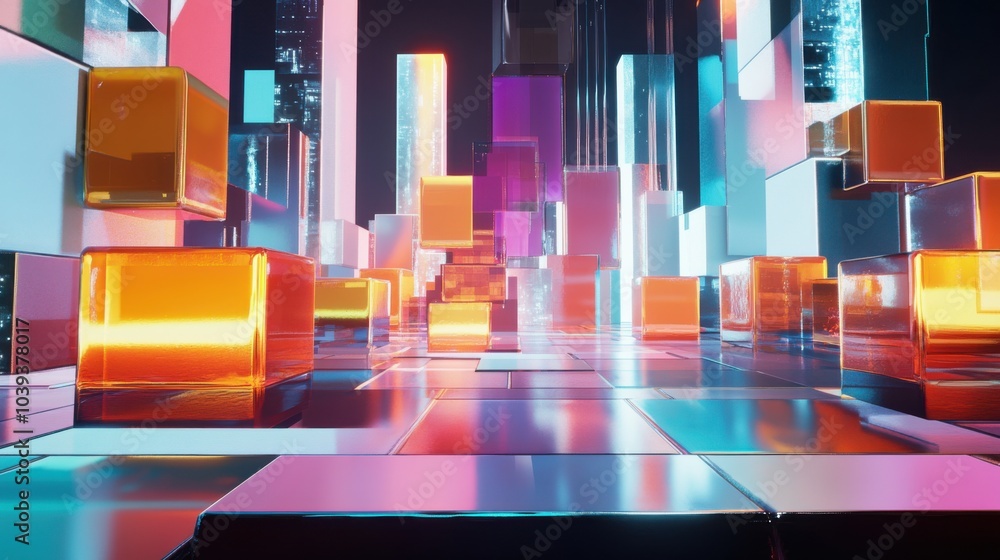 Aufkleber a futuristic block-building scene with holographic building blocks in a digital cityscape, digital c