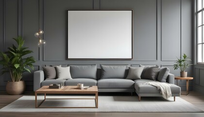 A modern living room with a large gray sectional sofa, a wooden coffee table, and a framed blank wall art on the gray wall.