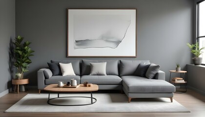 A modern living room with a large gray sectional sofa, a wooden coffee table, and a framed blank wall art on the gray wall.