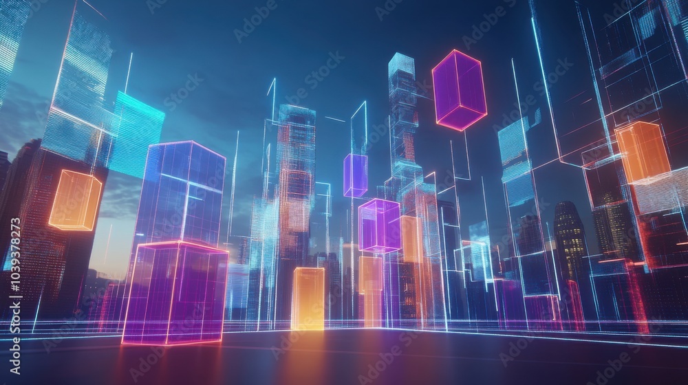 Aufkleber A futuristic block-building scene with holographic building blocks in a digital playground, Digital playground style, photo of