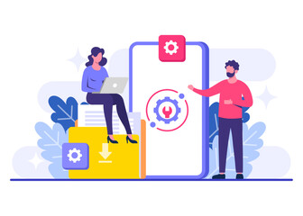 System maintenance flat vector illustration, Error, Fixing trouble, Device updating, Software system under maintenance, Software upgrade process on devices, People update operation system