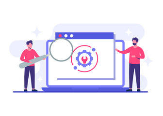 System maintenance flat vector illustration, Error, Fixing trouble, Device updating, Software system under maintenance, Software upgrade process on devices, People update operation system