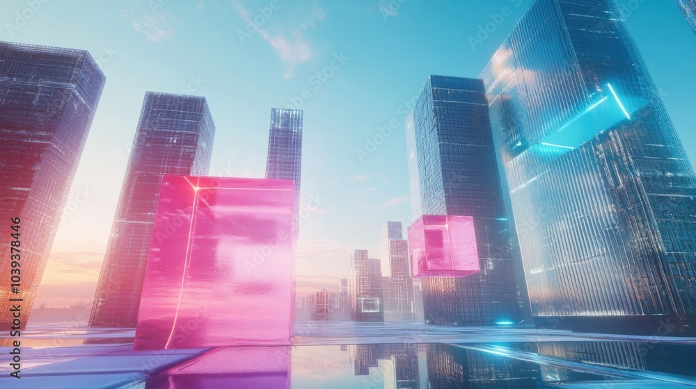 Poster A futuristic block-building scene with holographic building blocks in a digital playground, Digital playground style, photo of