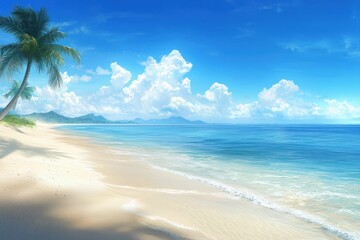 Serene Tropical Beach Landscape with Crystal Clear Waters and Lush Palm Trees Under a Bright Blue Sky