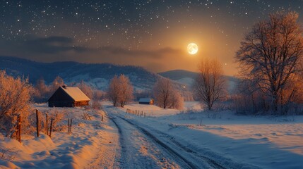 Obraz premium A serene winter landscape featuring a snowy road, frosty trees, and a glowing moon illuminating the tranquil scene.