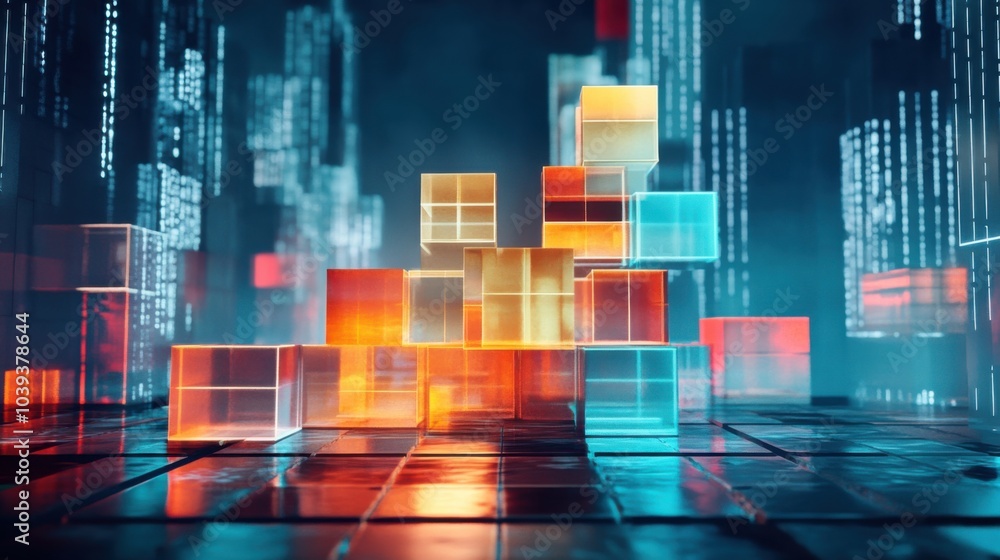 Poster A futuristic block-building scene with holographic building blocks in a digital playground, Digital playground style, photo of