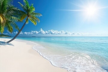 Serene Tropical Beach with Lush Palm Trees and Crystal Clear Waters Under Bright Sunlight