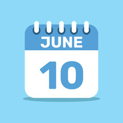 calendar june 10 blue color icon, paper planning design.