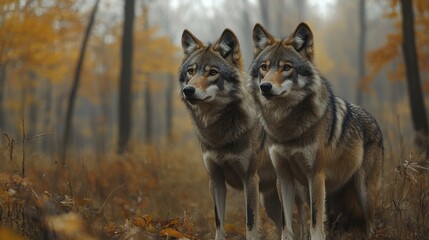 Fototapeta premium Two wolves standing in a forest during autumn with golden foliage.