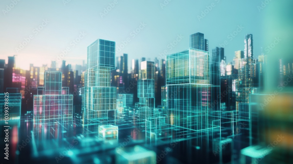 Poster A futuristic block-building scene with holographic building blocks in a digital playground, Digital playground style, photo of