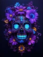 Vibrant sugar skull with floral decorations in vivid colors