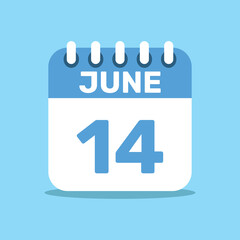 calendar june 14 blue color icon, paper planning design.