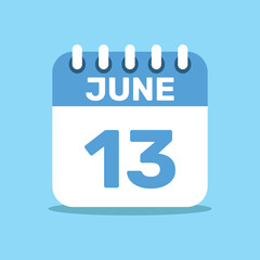 calendar june 13 blue color icon, paper planning design.