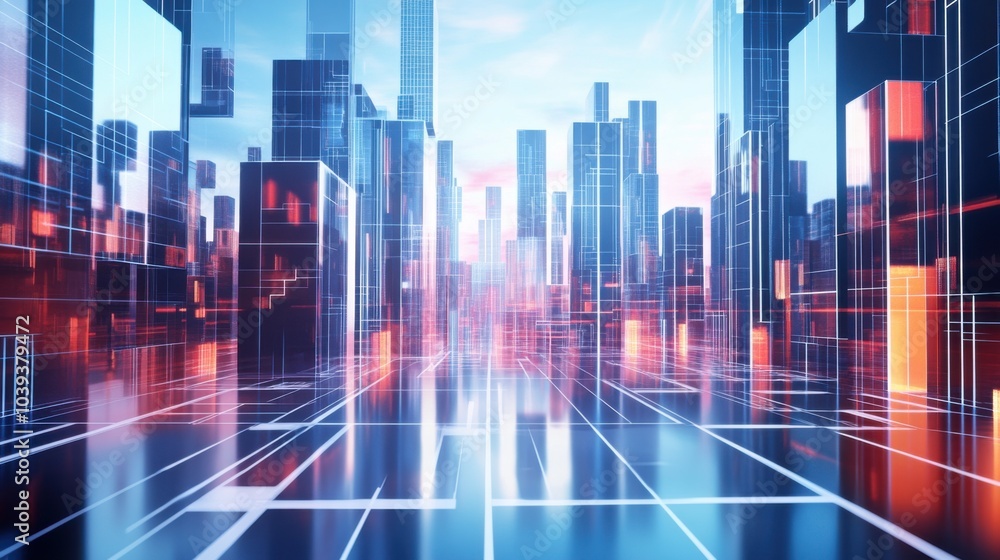 Poster a futuristic block-building scene with interactive electronic blocks, blocks arranged in a futuristi