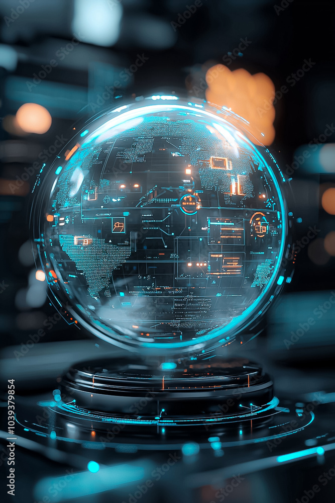 Poster interactive blue hologram globe featuring glowing lines and advanced digital technology for modern v