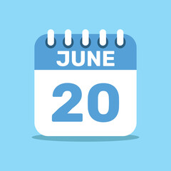 calendar june 20 blue color icon, paper planning design.