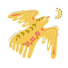  Folk ornamental bird and flowers. Best for greeting card. Template vector illustration.