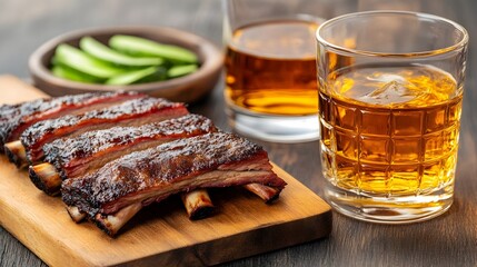 Succulent BBQ Ribs and Brisket Paired with Aged Whiskey in a Rustic Setting