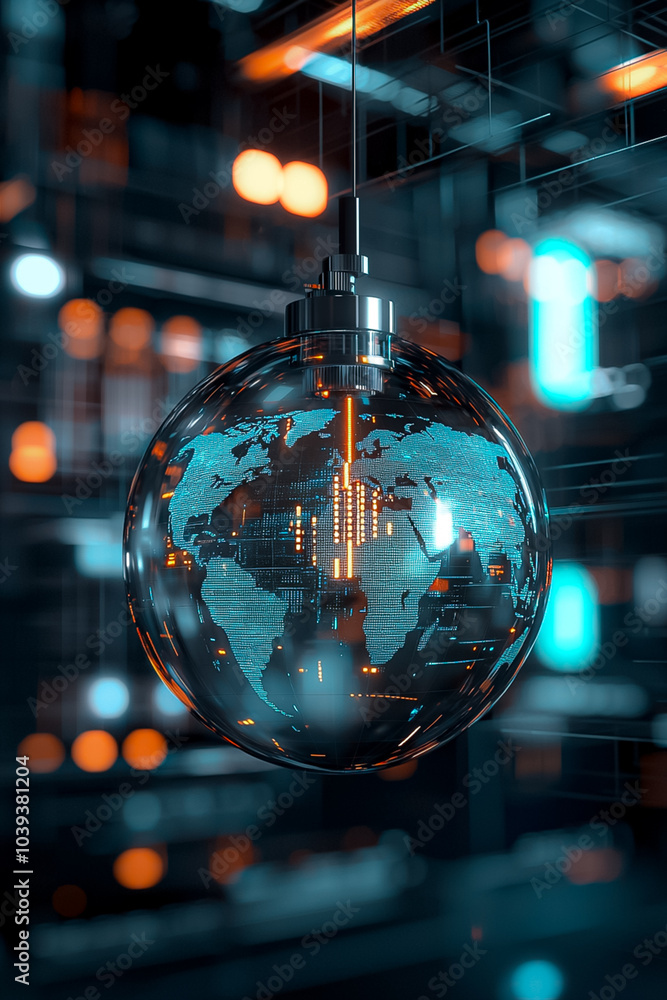 Poster exploring the future a futuristic blue hologram globe displaying a digital world map in a high-tech 