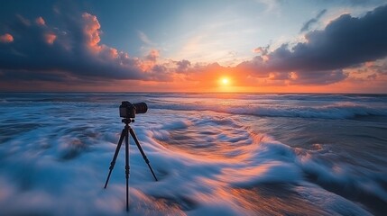 A camera on a tripod captures the beauty of a sunset over the ocean. The waves are blurred due to long exposure.