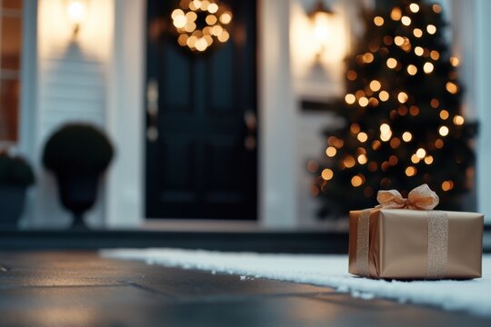 Golden gift sitting on doorstep with christmas tree lit up in background