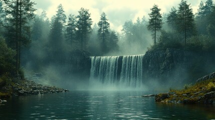 A serene waterfall surrounded by misty forest scenery.