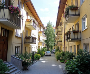 Obraz premium Eastern European apartment blocks. AI generative.