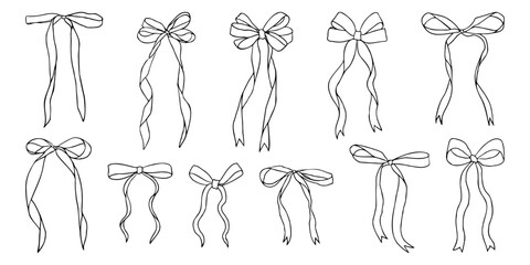 A row of bows are drawn in black and white. The bows are all different sizes and shapes