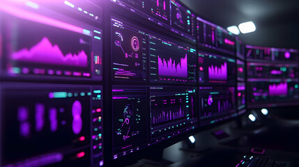 Fototapeta premium Multiple Computer Screens Displaying Data in Vibrant Colors