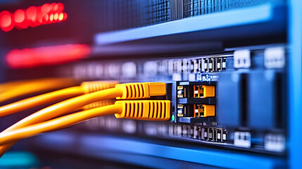 Close-Up of Network Cables and Switch in Data Center