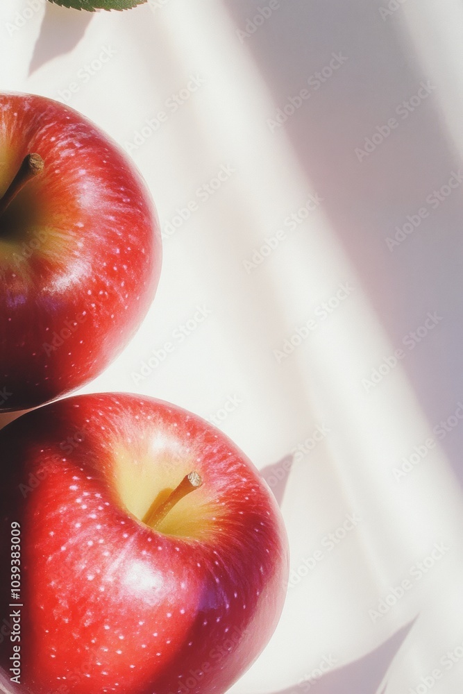 Poster fresh red apples on sunlit white background with soft shadows