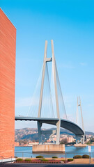 Fototapeta premium Modern steel minimal bridge. Generative AI