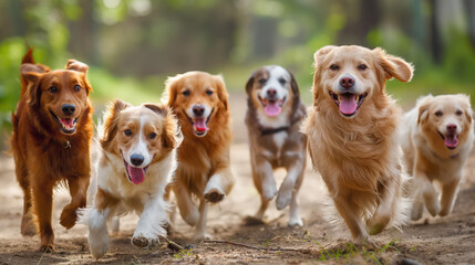 Joyful labrador pack running together in nature setting