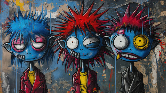 Colorful punk cartoon characters with quirky expressions and bright hairstyles